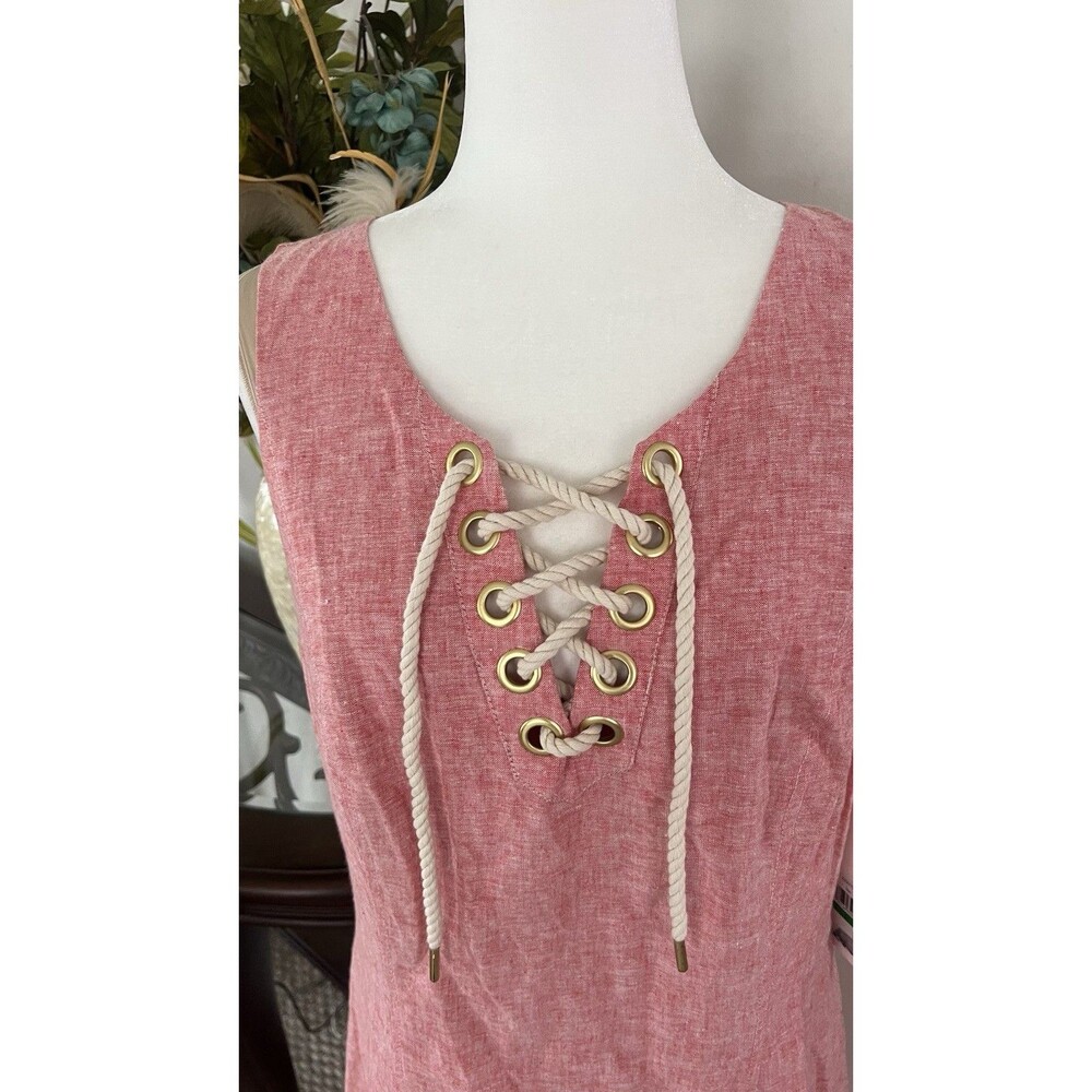 Kensie Linen Blend Mini Dress L NWT Coral Pink Lace Up Nautical Summer Sleeveles - Picture 2 of 12